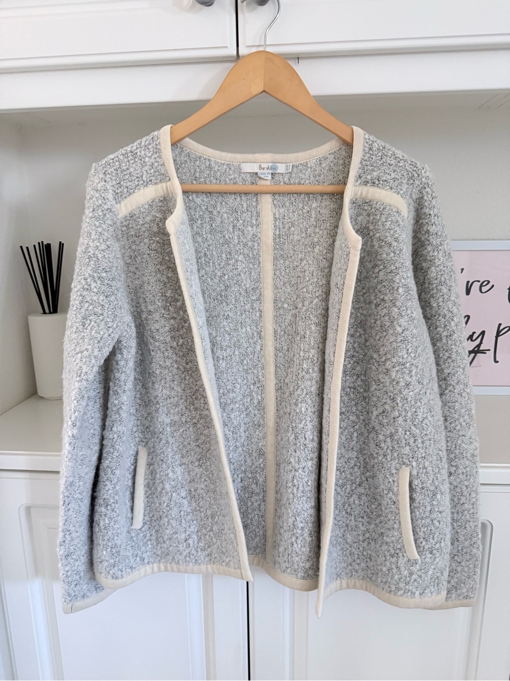 Boden Gray Bouclé Open-Front Cardigan with Cream Trim
